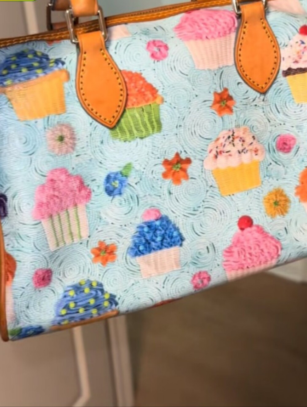 DOONEY & BOURKE LEATHER RETIRED Cupcake Print Bostonl Handbag with Tan Trim - Picture 5 of 6